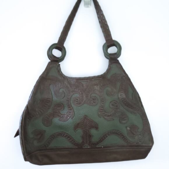 Leaders in Leather Paraguay Handbag Hand Tooled Cutout Satchel Brown Green - Picture 2 of 7